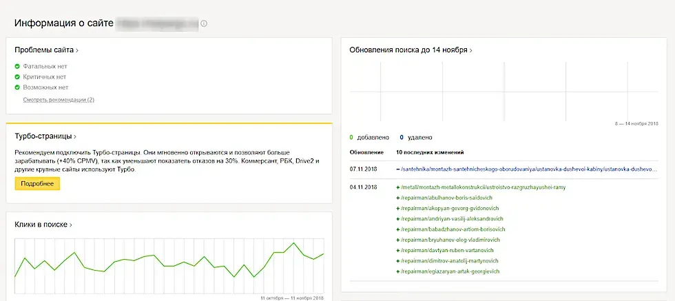 Сводка показателей в Яндекс.Вебмастер