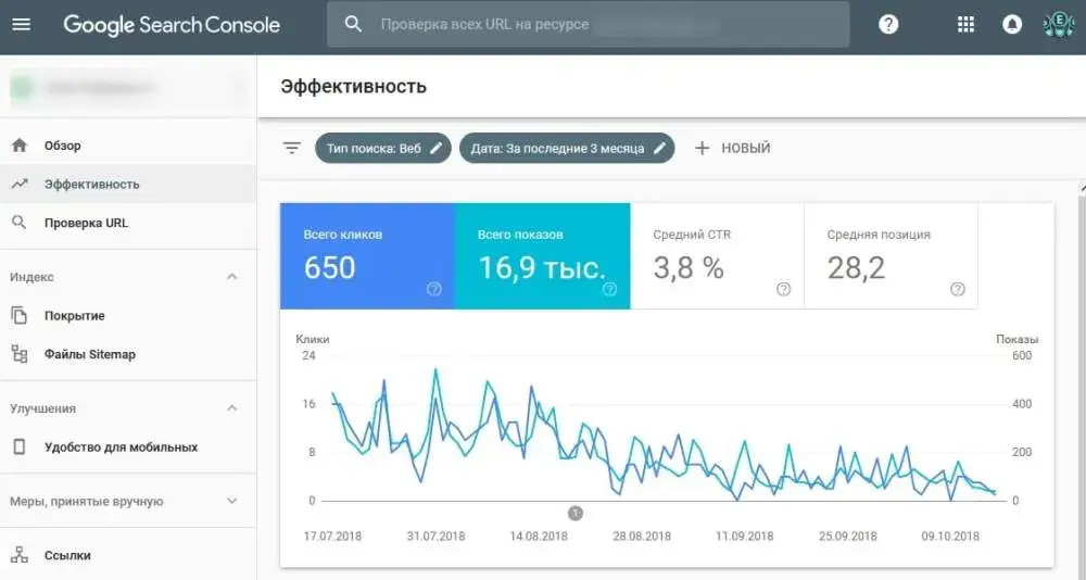 Интерфейс главной страницы сервиса Google Search Console