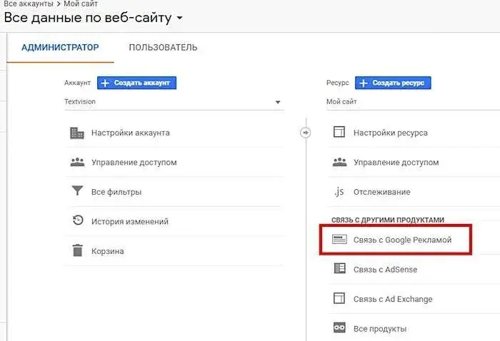 Связь с Google рекламой в в Google Analytics