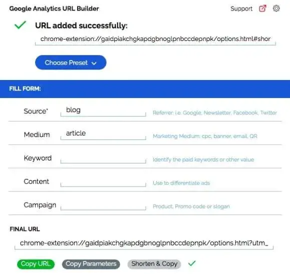 Браузерное расширение Google Analytics URL Builder